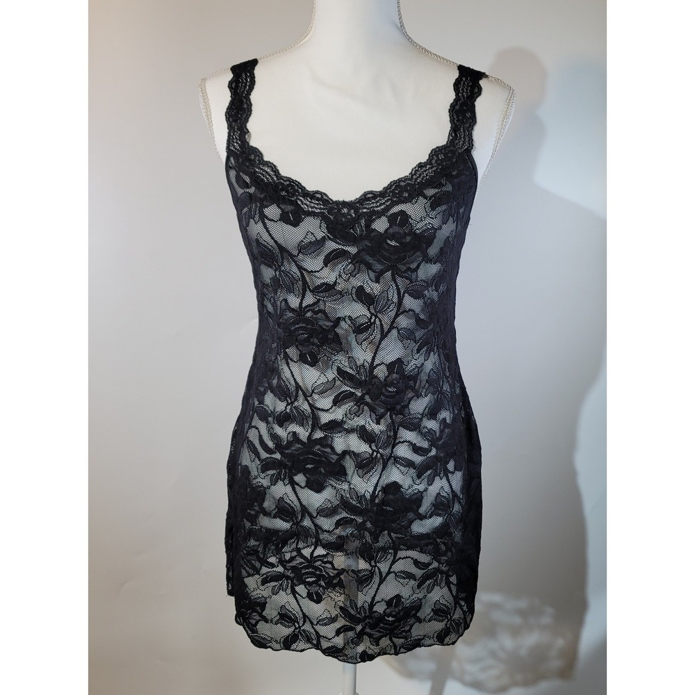 Vintage Victoria's Secret Chemise Slip Women Black Sheer Floral Lace Open Back M